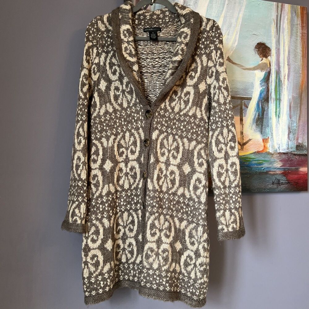 Design History S-M Southwestern Aztec Boho Beige Long Cardigan  Wool Blend